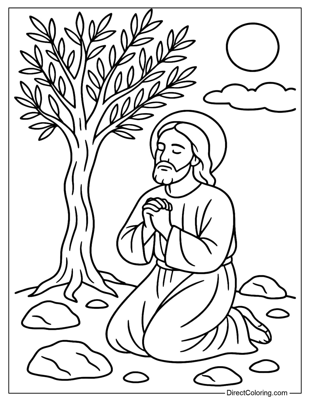 Jesus kneeling under an olive tree in prayer.