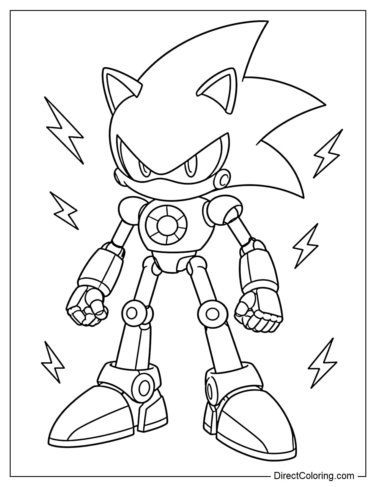 Metal Sonic stands in a sturdy and powerful pose, surrounded by several small energy lines.