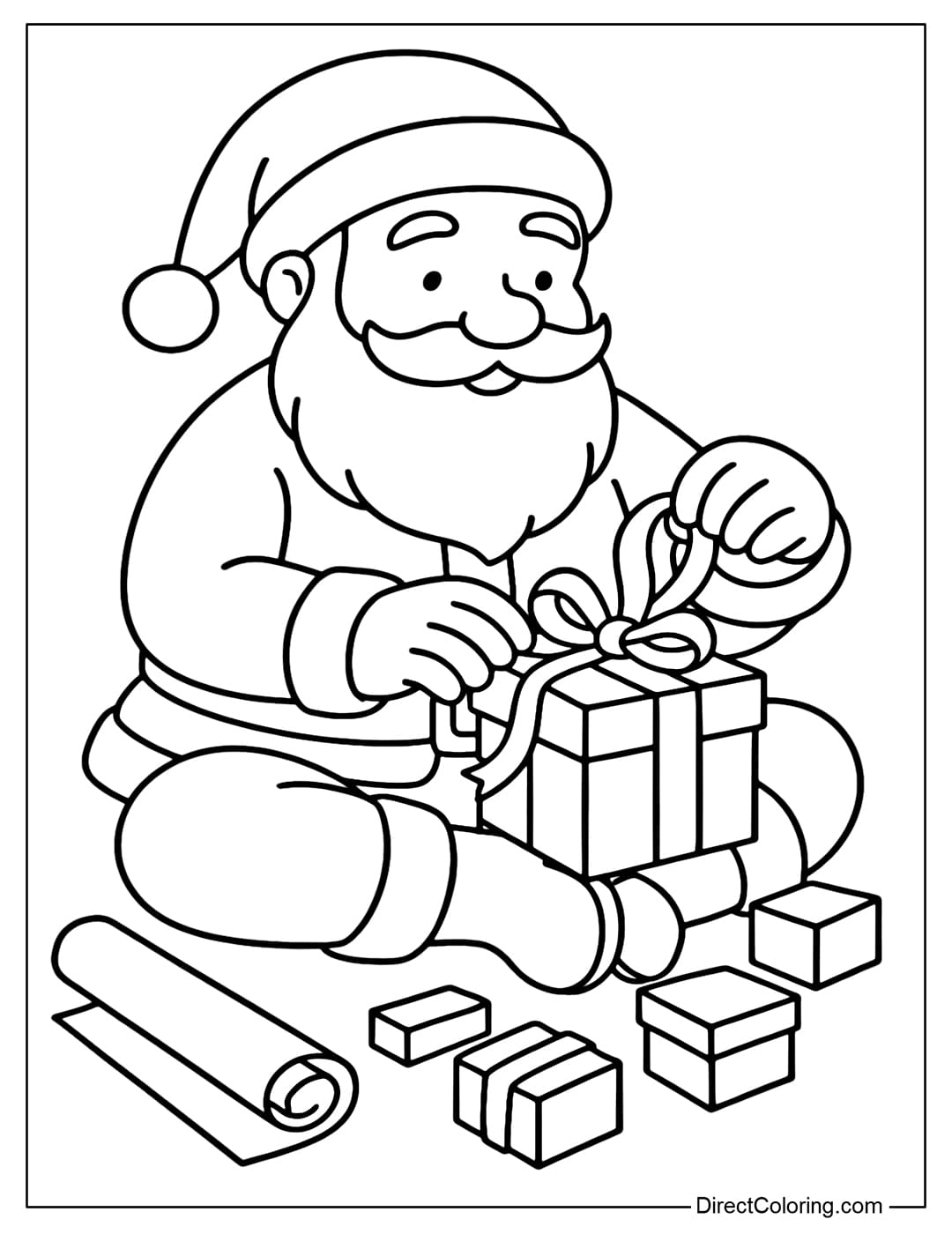Santa Wrapping Presents Coloring Page Santa Coloring Page sitting wrapping gifts with ribbons, wrapping paper, small boxes around.