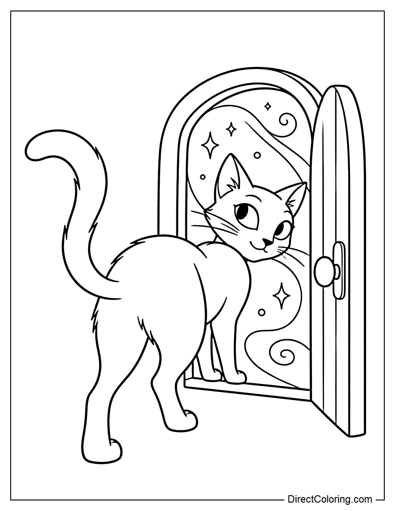 The cat steps through the tiny secret door and turns its head to look back.