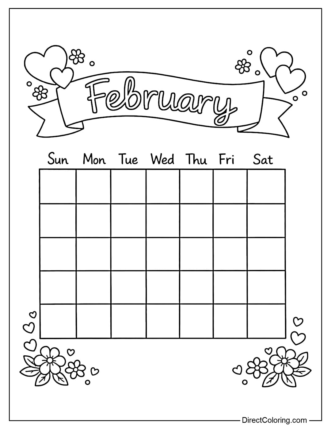 A coloring page for a February calendar with heart and small flower decorations.