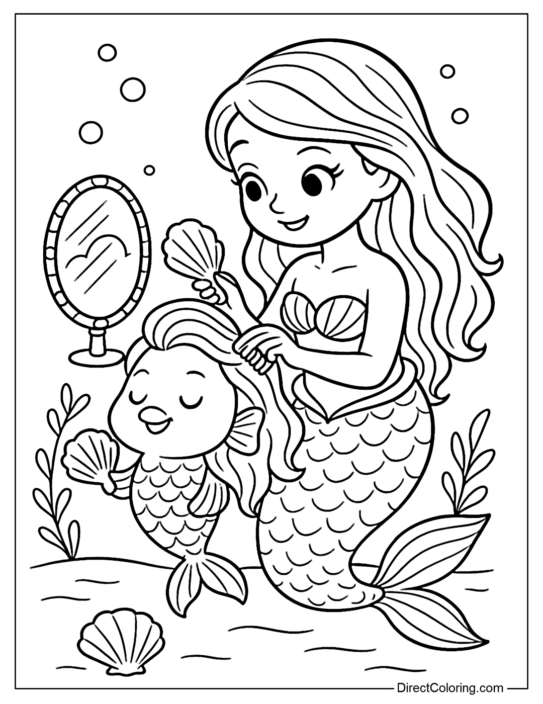 Mermaid Hair Salon Coloring Page with mirror and seashell comb.