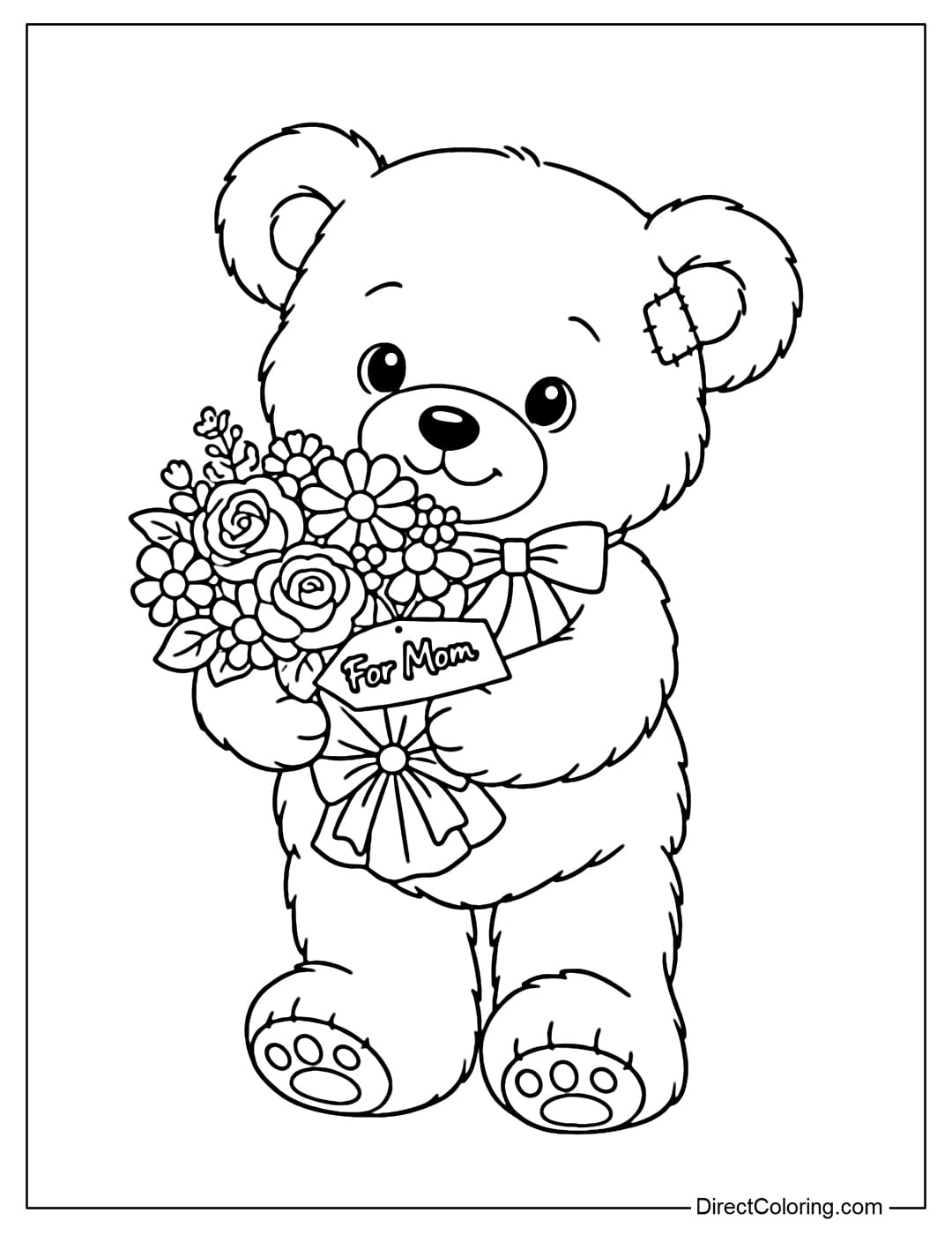 Coloring page of a teddy bear holding a bouquet of flowers for his mother with a gentle expression.