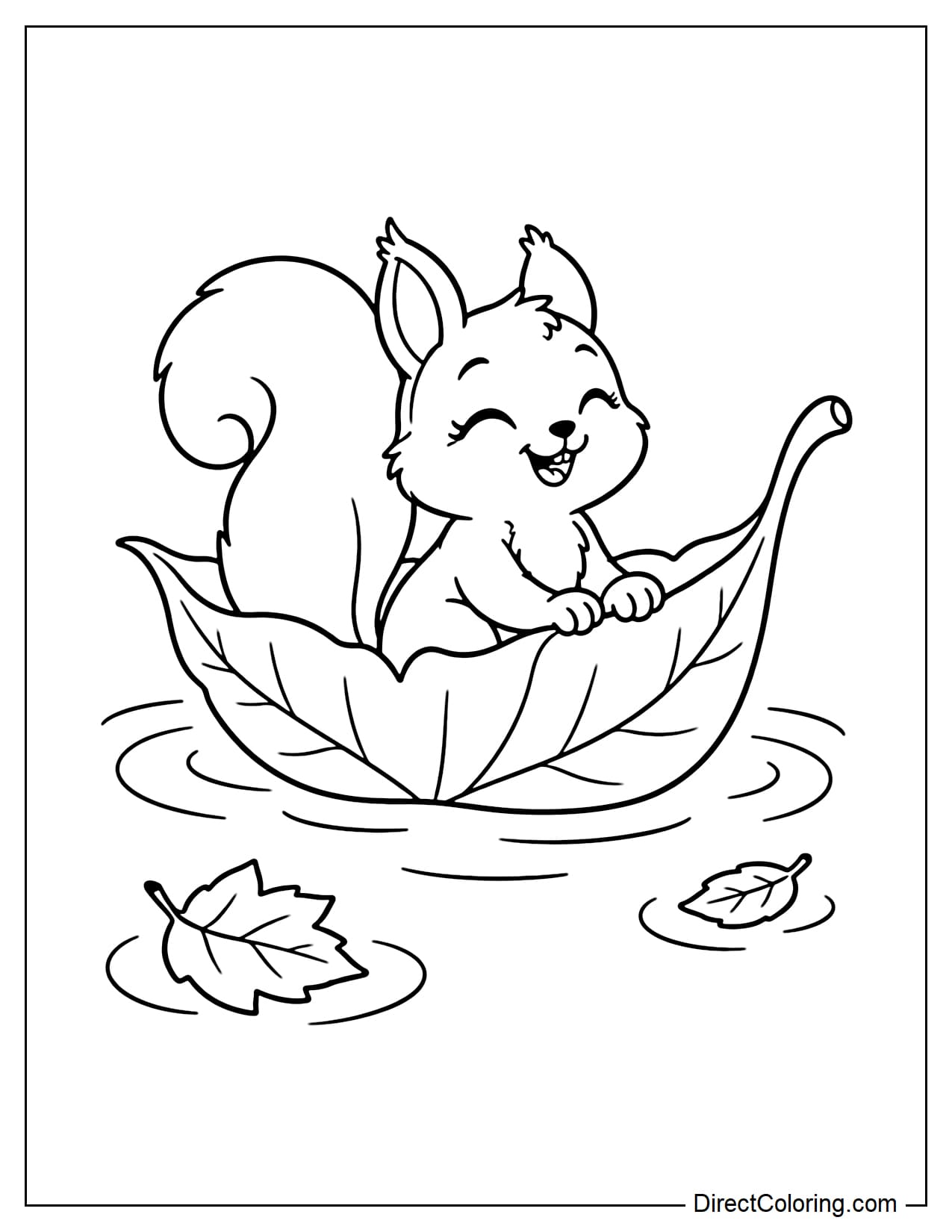 A large autumn leaf transformed into a small boat gently floating on the water, with a cheerful little squirrel sitting inside.