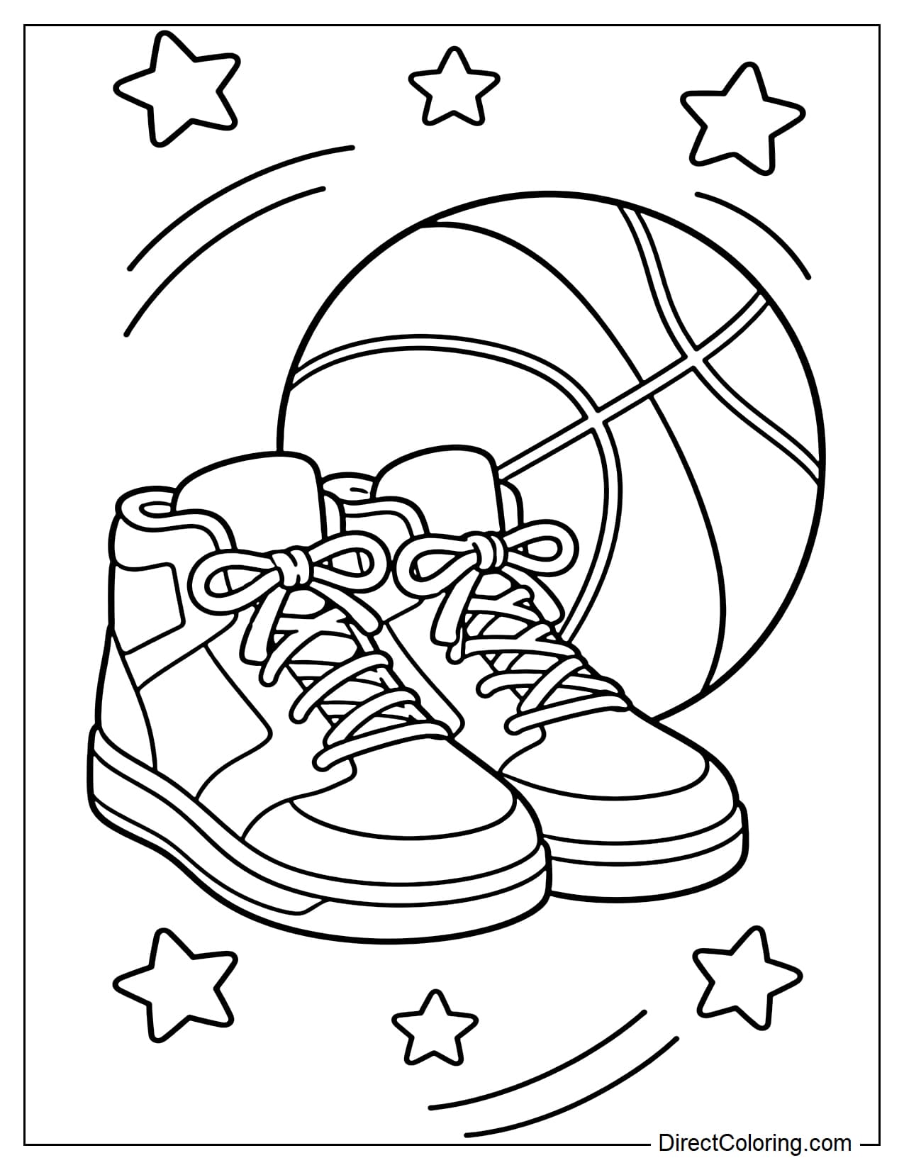 A pair of basketball shoes placed next to a large ball, with laces clearly visible, and some stars and curves on the back.