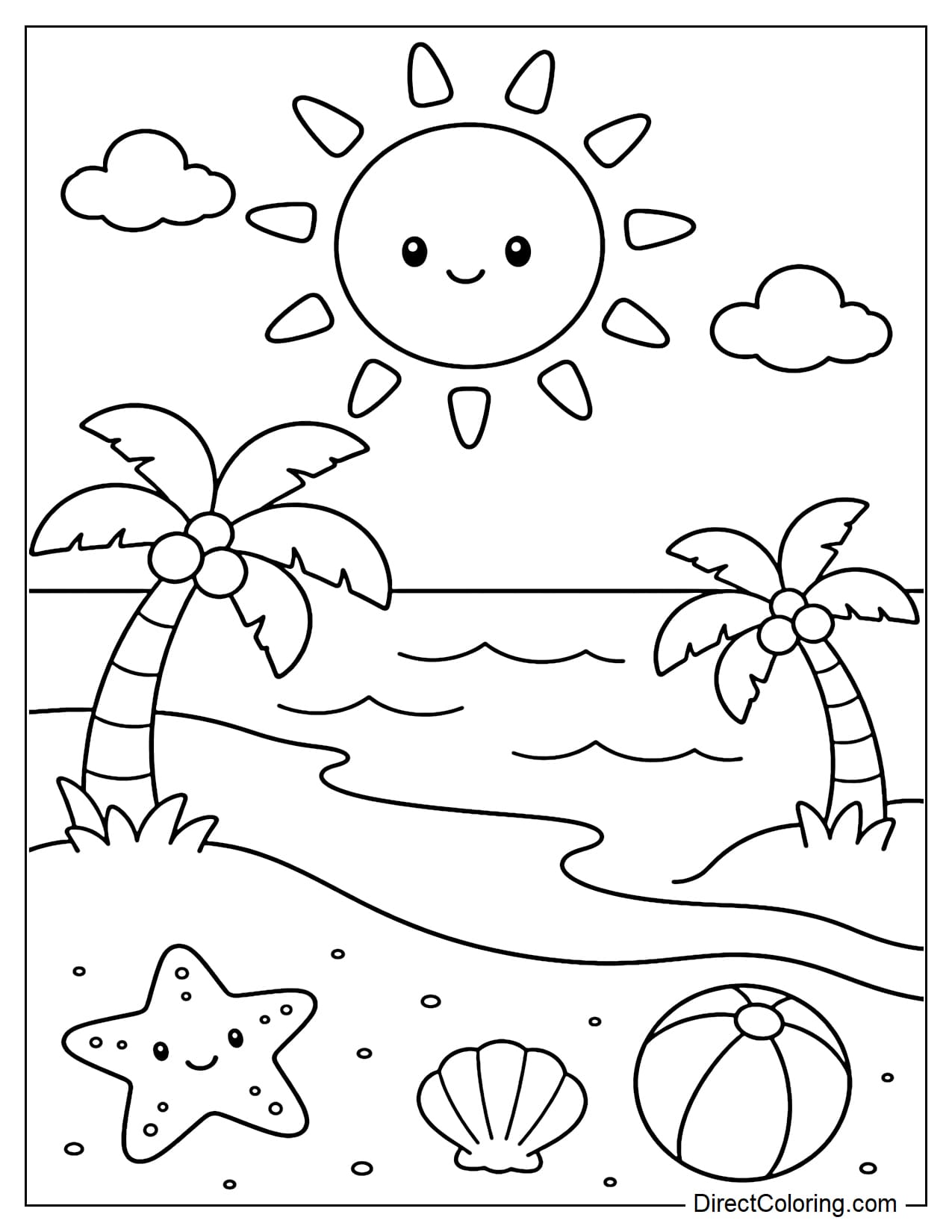 A simple summer beach scene with a large sun in the sky, a few gentle waves, and two palm trees.