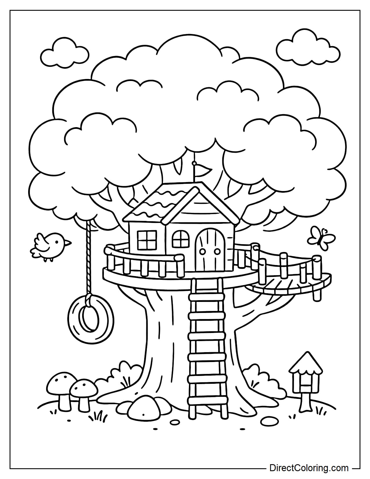 A treehouse with a large, cloud-like canopy of leaves covering the top, a smooth trunk, and a small house in the middle.