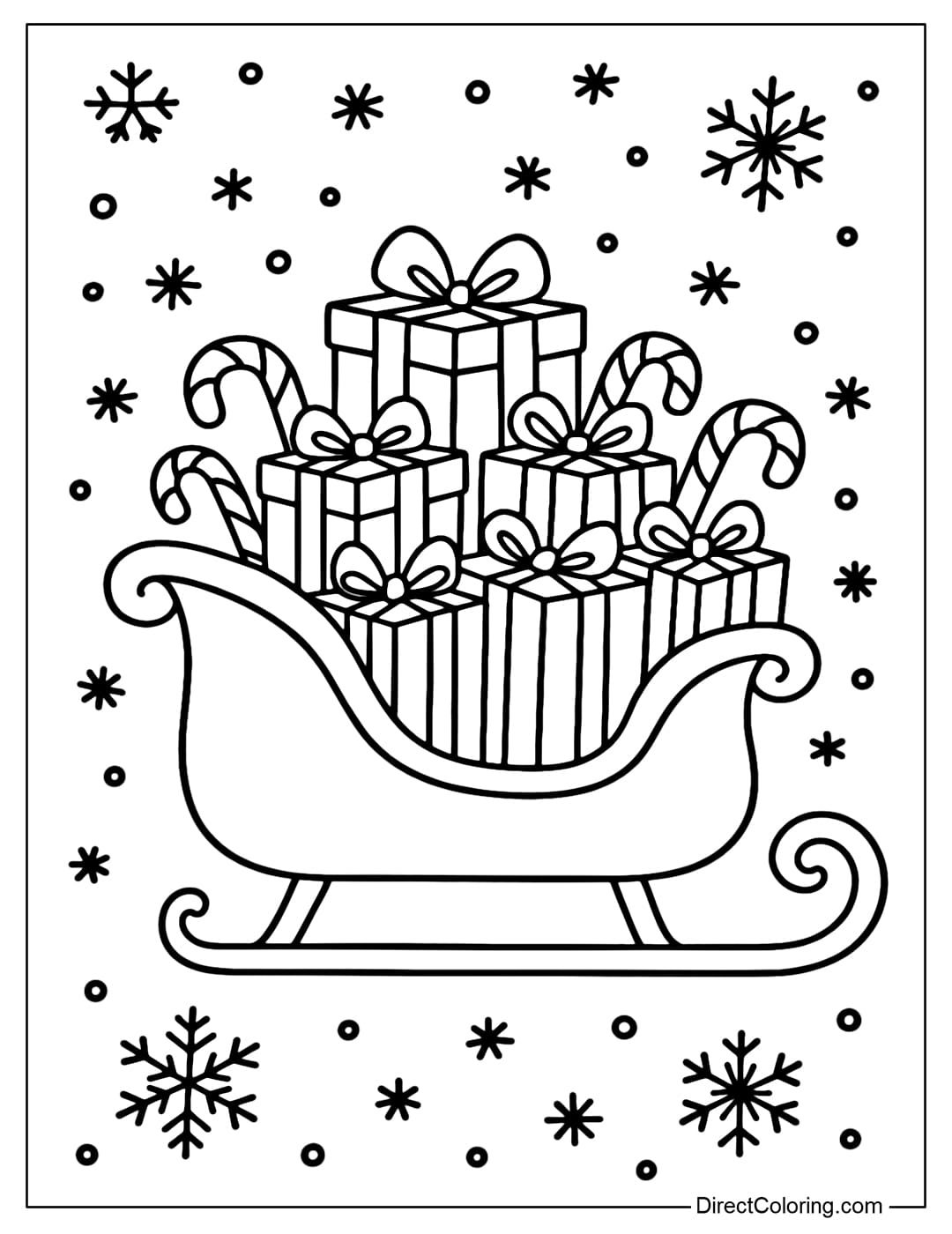 A bright red sleigh coloring page containing many gift boxes wrapped in bows, with a few candy canes inserted in between.