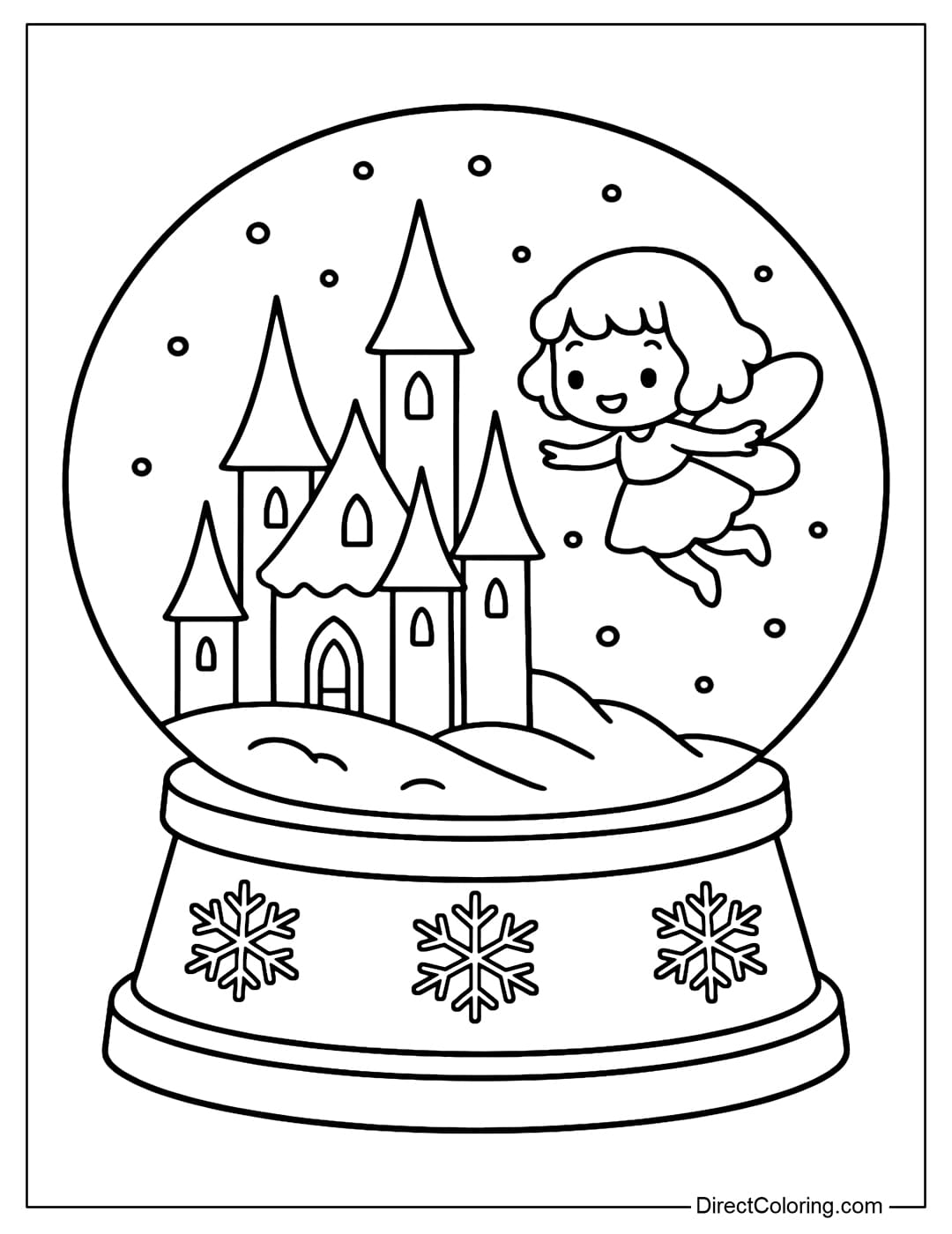 A coloring page with a snow globe featuring a fairytale ice castle, and an adorable little fairy flying by.