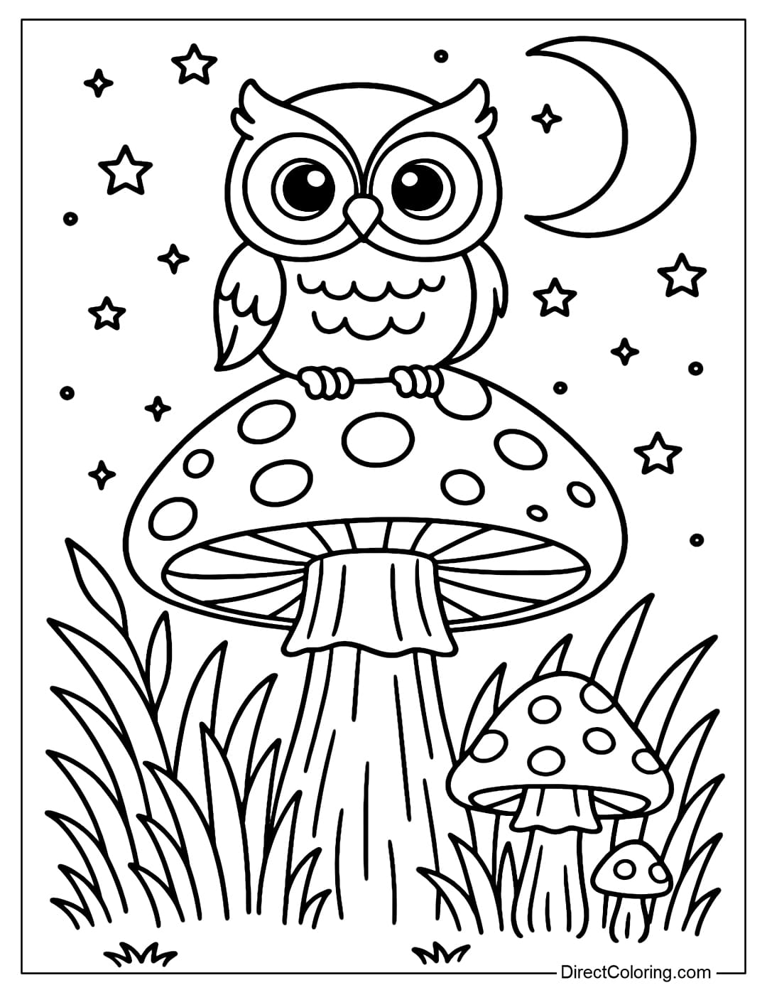 Mushroom and Owl Coloring Page A coloring page of a cute owl perched on a big mushroom, the sky is bright with moonlight.