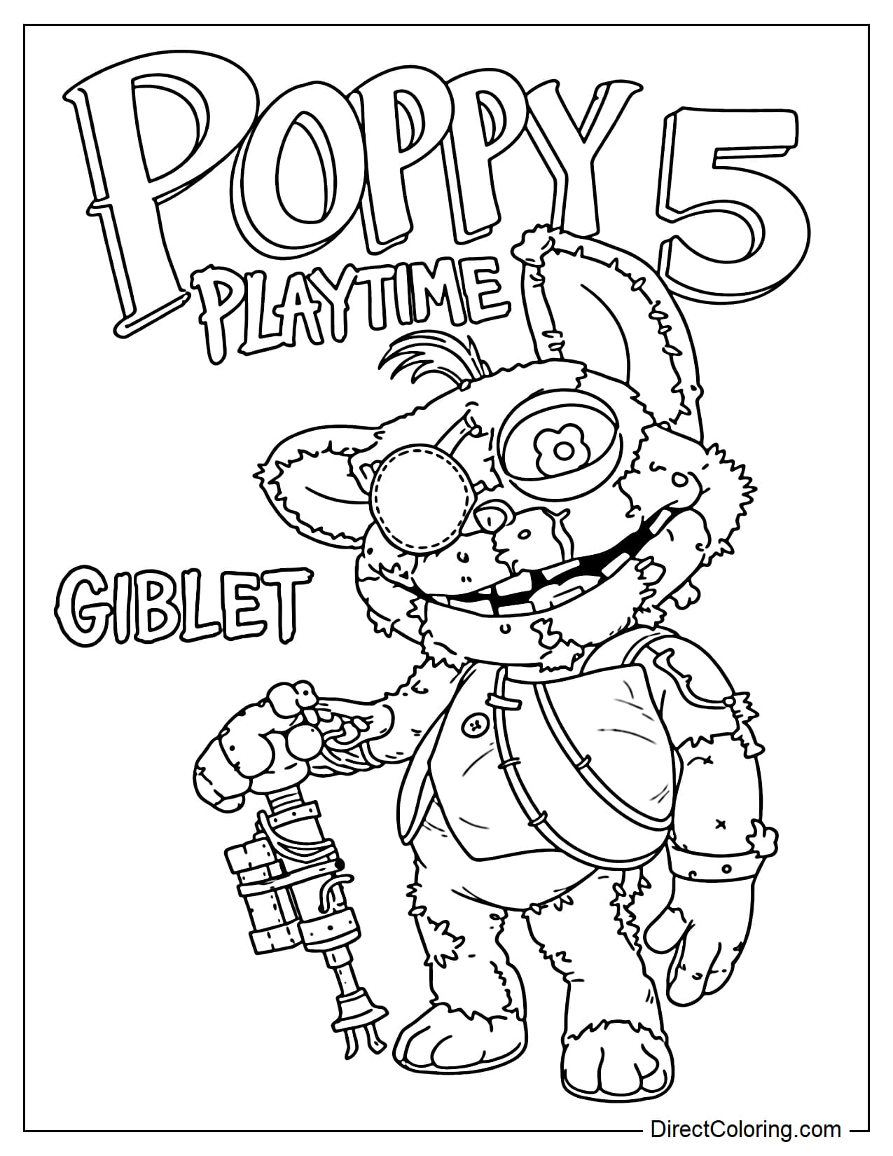 The Giblet character from Poppy Playtime 5, a mechanical bear with an old and tattered appearance, holding a tool in one hand.