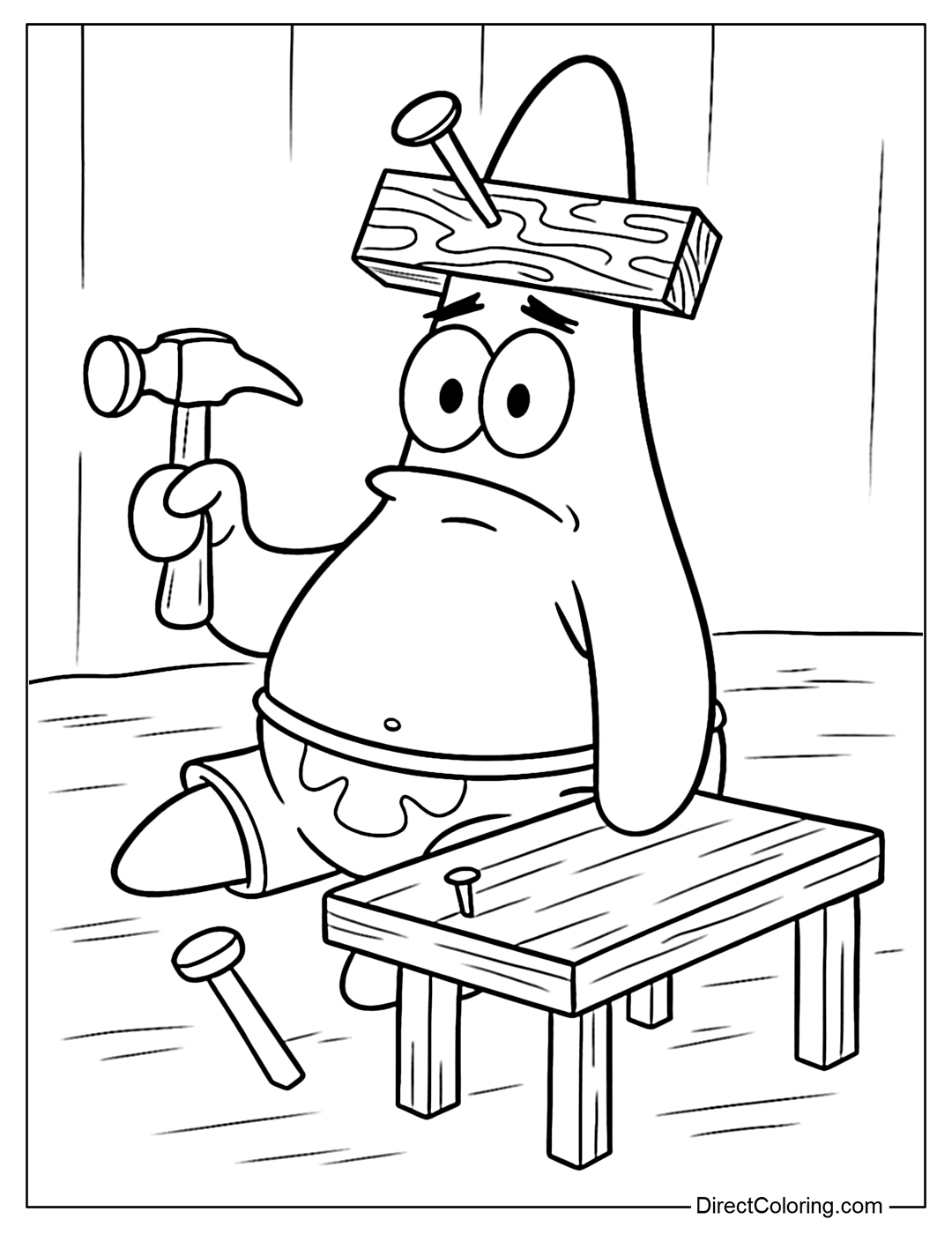 Coloring Page of Patrick Star sits confused on the floor with a hammer in hand and a wooden plank accidentally nailed to his head, trying to fix a small wooden table.