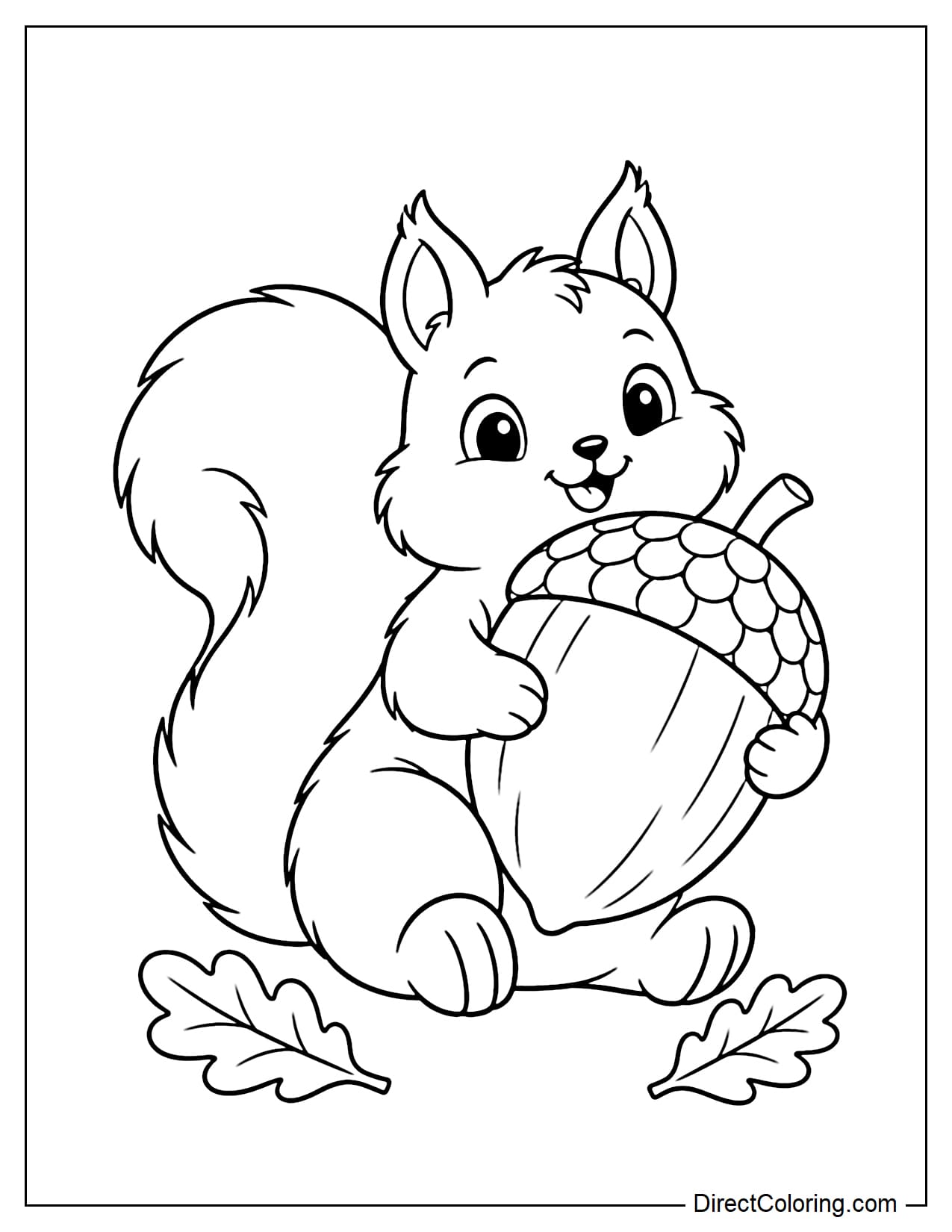 A small squirrel sitting and hugging a giant acorn with both paws, with two oak leaves lying beneath it.