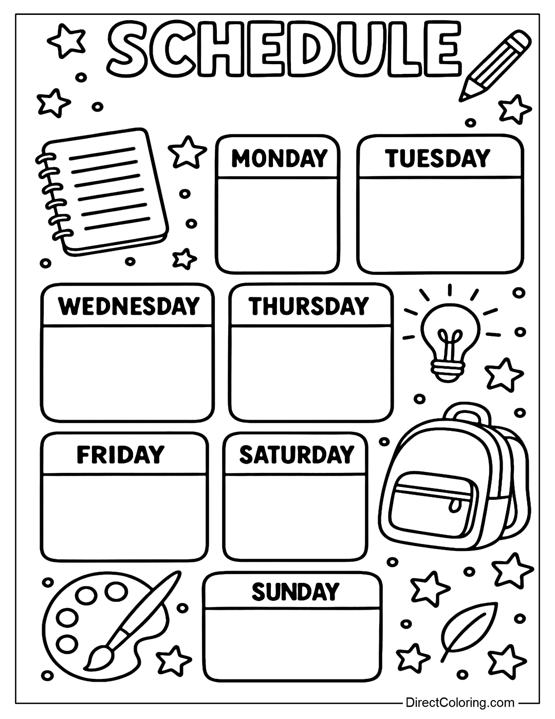 A schedule coloring page with a large calendar and creative illustrations such as backpacks, notebooks, pencils, color palettes, light bulbs.