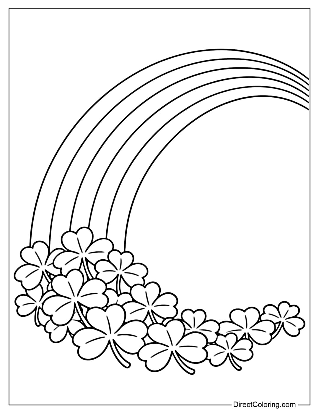 A coloring page featuring a gently curving rainbow from top to bottom, with clusters of shamrocks below, layered softly.