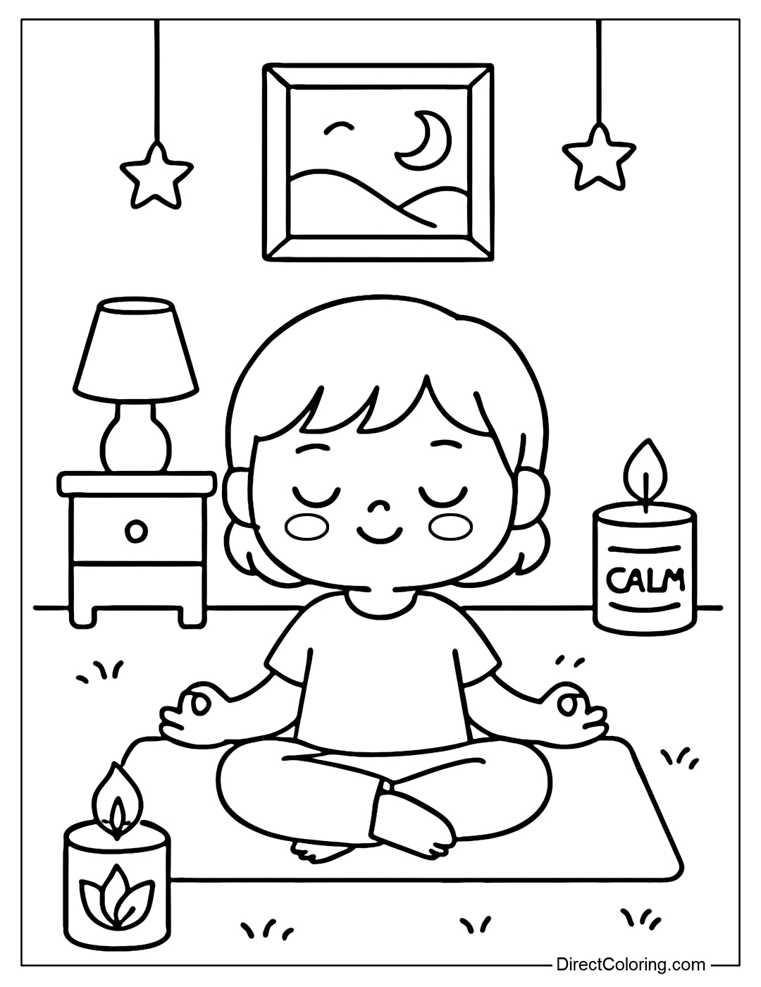 Coloring page of a little girl meditating in a room with scented candles, gentle and quiet.