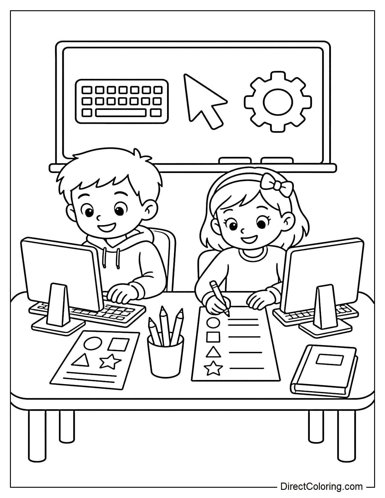 Two students are studying in a modern computer room, each using a computer and working on exercises about basic shapes. Behind them is a whiteboard with large keyboard, cursor, and gear icons.