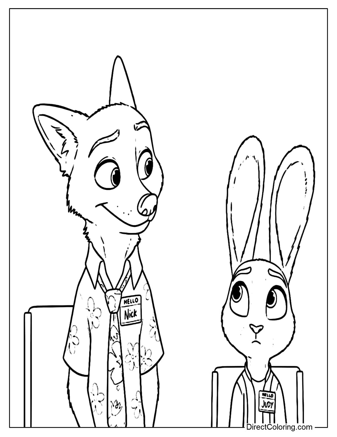 A coloring page of Nick with Judy, showing his adorable shy and curious expression.