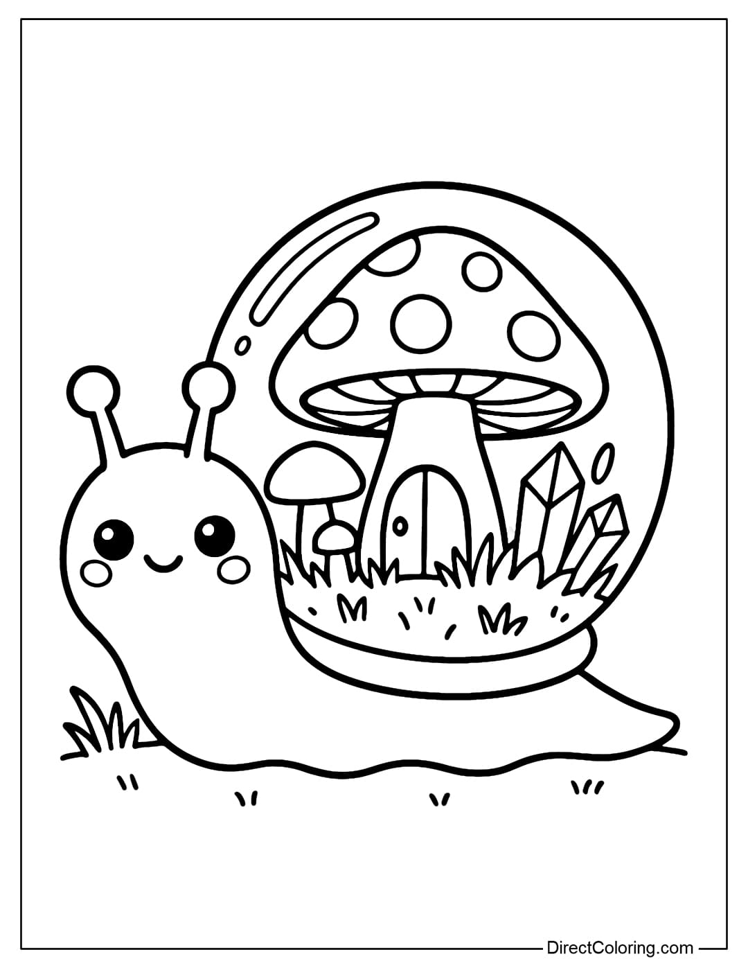 Mushroom and Snail Coloring Page A cute snail coloring page wearing a transparent shell, inside is a small mushroom world with green grass and purple crystals.