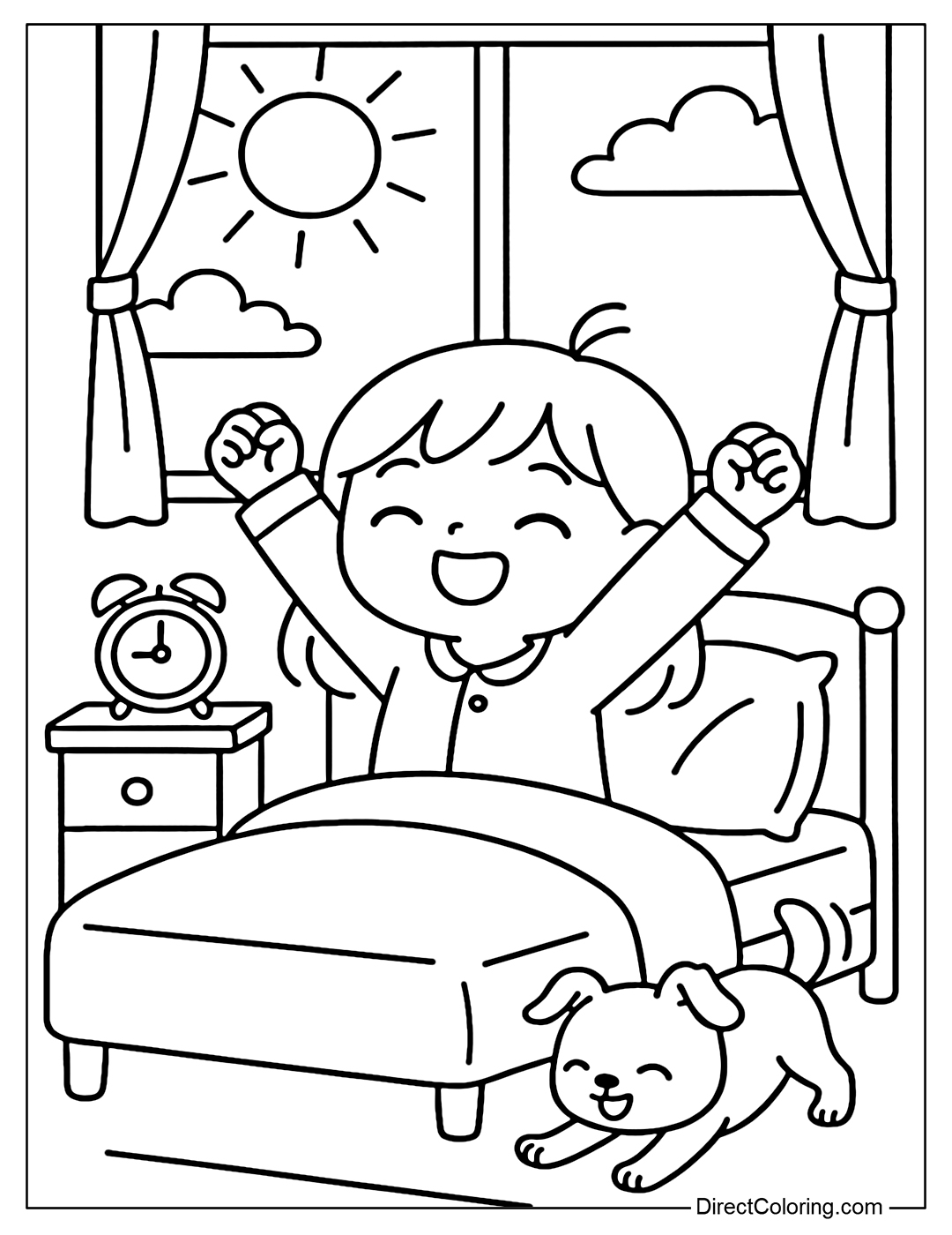 Coloring page of a little girl and her puppy stretching in the morning in a sunny bedroom.