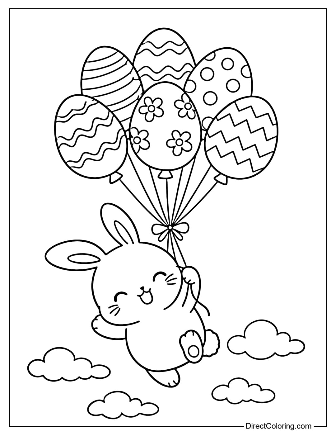 This coloring page shows an Easter bunny flying with a cluster of Easter egg-shaped balloons.