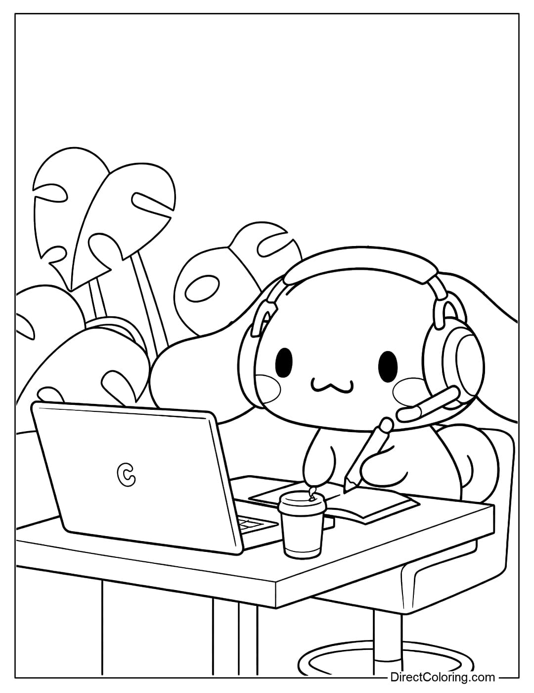 A Cinnamoroll coloring page wearing headphones with a microphone, holding a pen, working on a laptop, and sipping coffee.