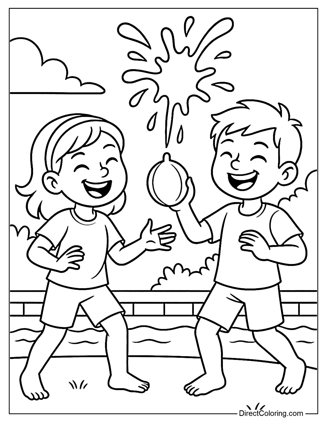 Coloring page of two friends playing with water balloons near the pool, splashing and laughing loudly.