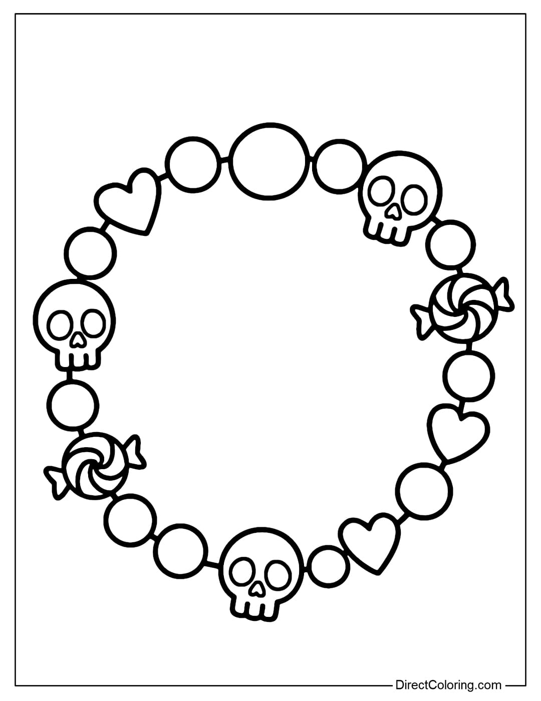 Coloring page for a bracelet with round beads mixed with small skulls and twisted candies, and some lovely heart beads.