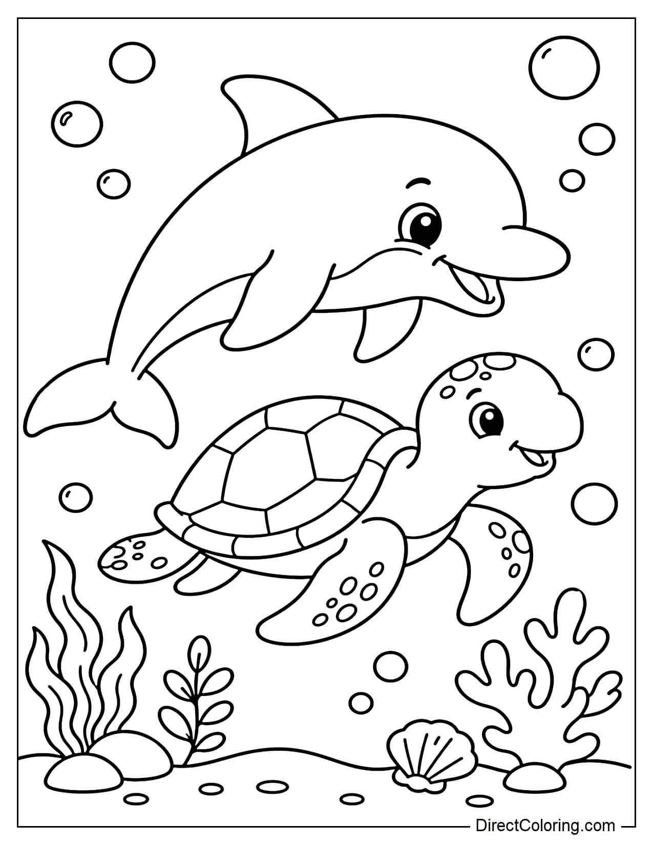A dolphin swims alongside a friendly sea turtle, both moving through the calm water with a few simple bubbles.