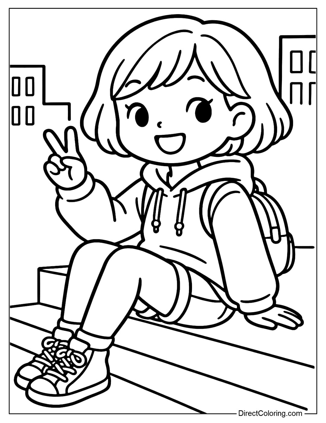 Coloring page of a girl wearing an oversized hoodie and jean shorts, wearing a mini backpack, sitting cross-legged on the city stairs, expressing.