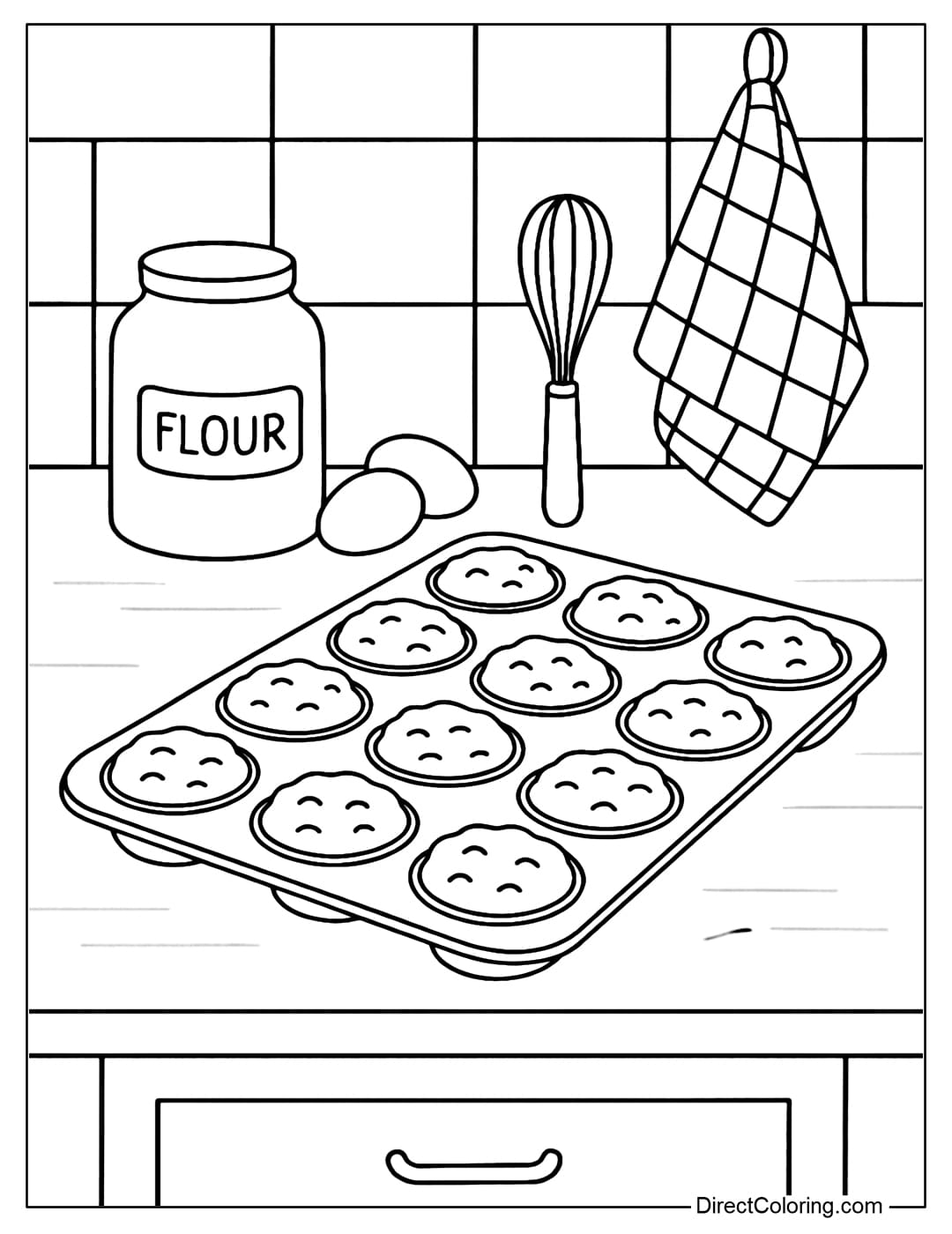 A cozy kitchen coloring page with a baking tray on the table, a jar of flour, eggs, a whisk, and a neatly hung kitchen towel.