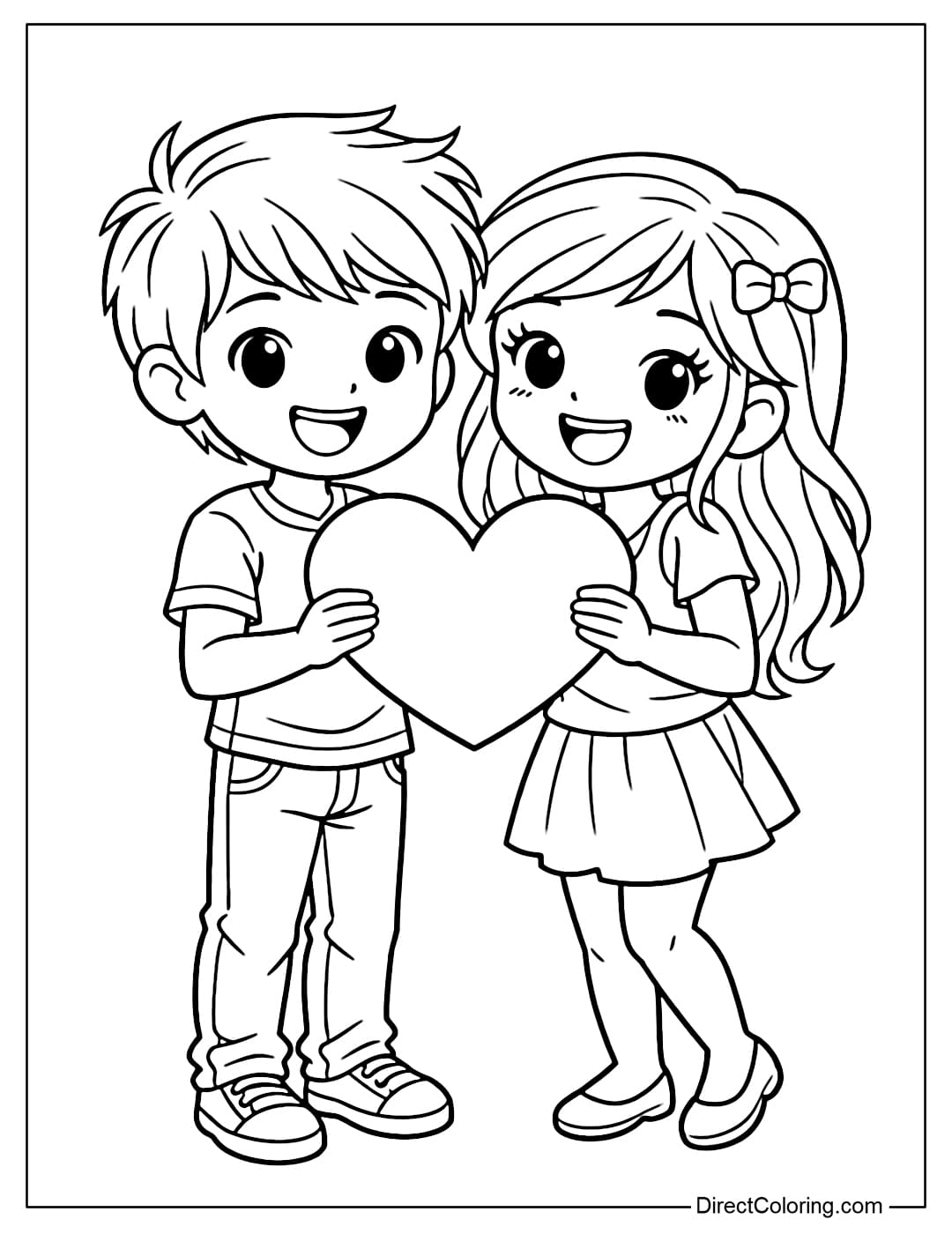A coloring page of a cartoon-style couple standing next to each other, holding a heart, with a happy and friendly expression.