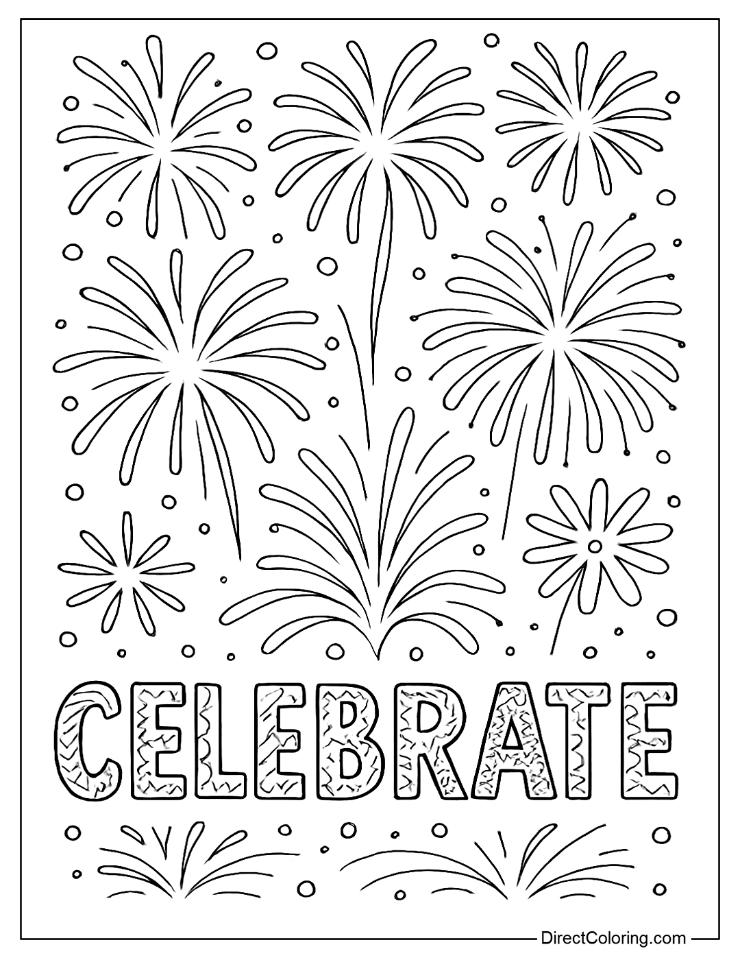 a coloring page of fireworks shooting around the word 