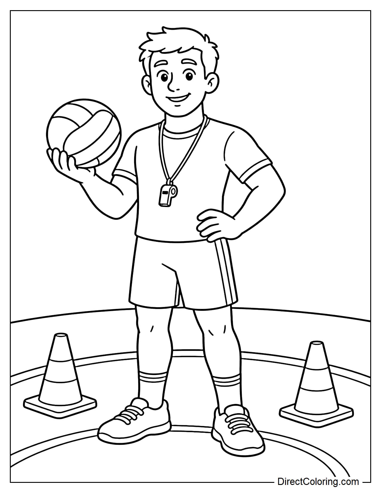 A gym teacher is standing on the field holding a large ball and wearing a whistle around his neck.