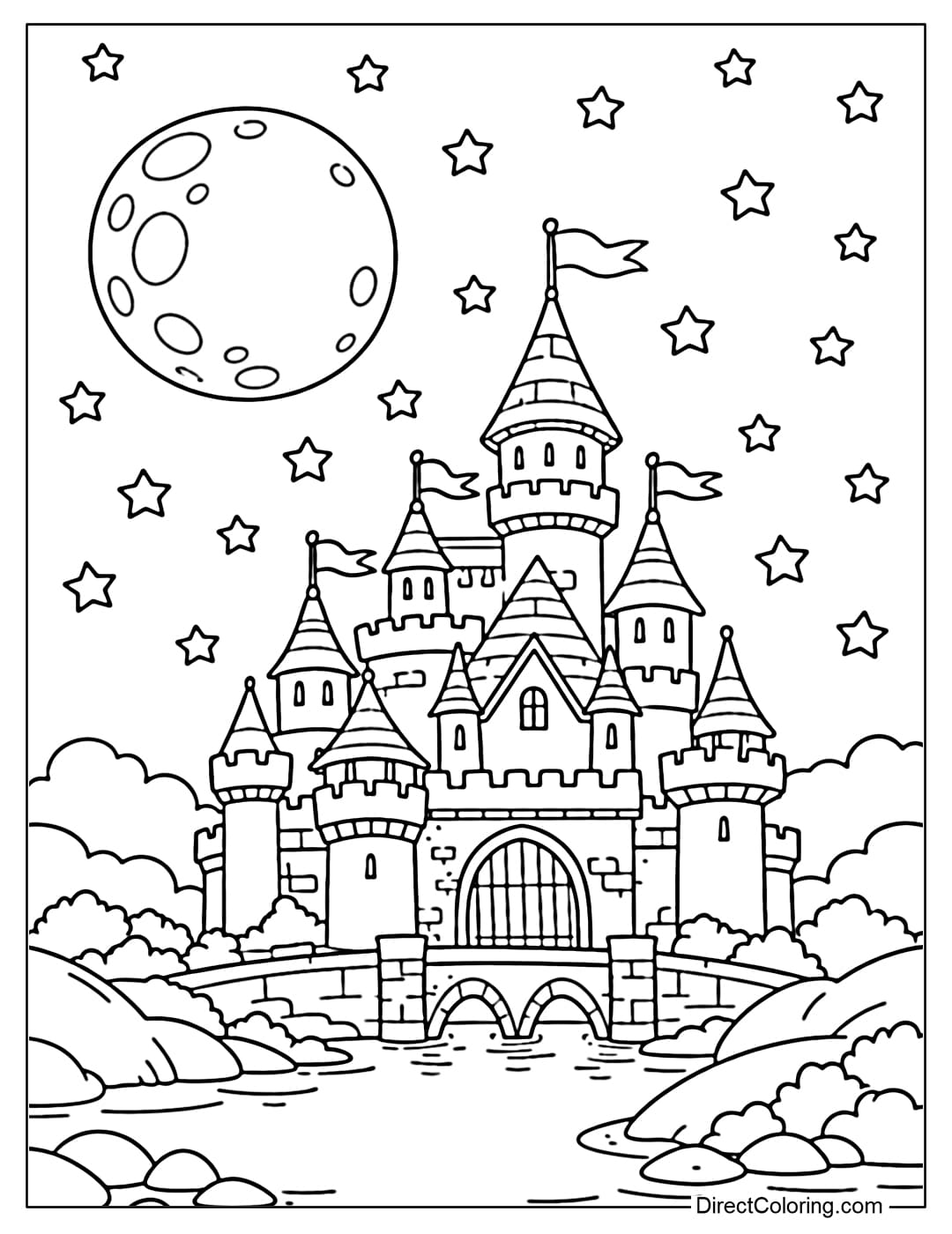 A coloring page of a fantasy castle with a large moon and many small stars in the night sky.