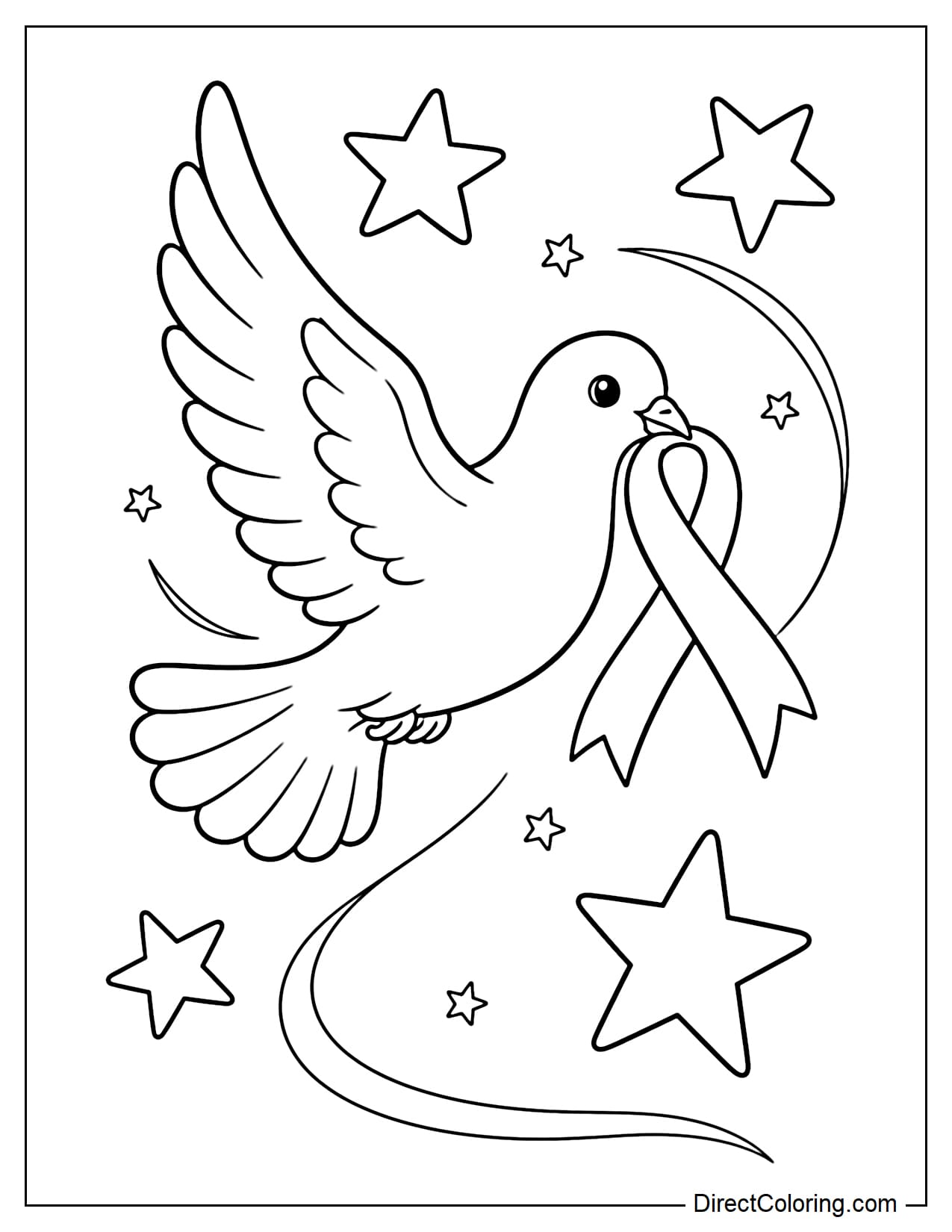 A white dove is gently flying with its wings spread, holding a remembrance ribbon in its beak, with a few stars around it.