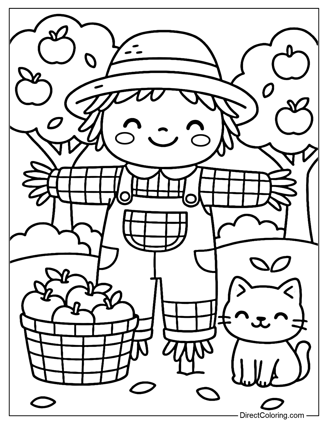 Scarecrow coloring page in an apple orchard, smiling eyes, wearing plaid overalls, next to a basket of red apples and a brown cat sitting guarding.