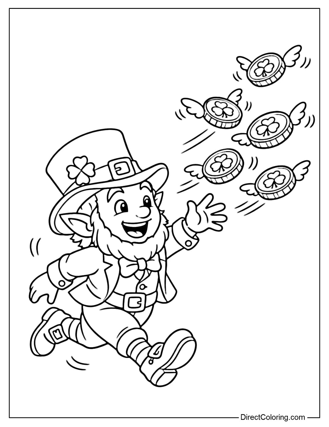 A coloring page of a leprechaun chasing gold coins that fly out.
