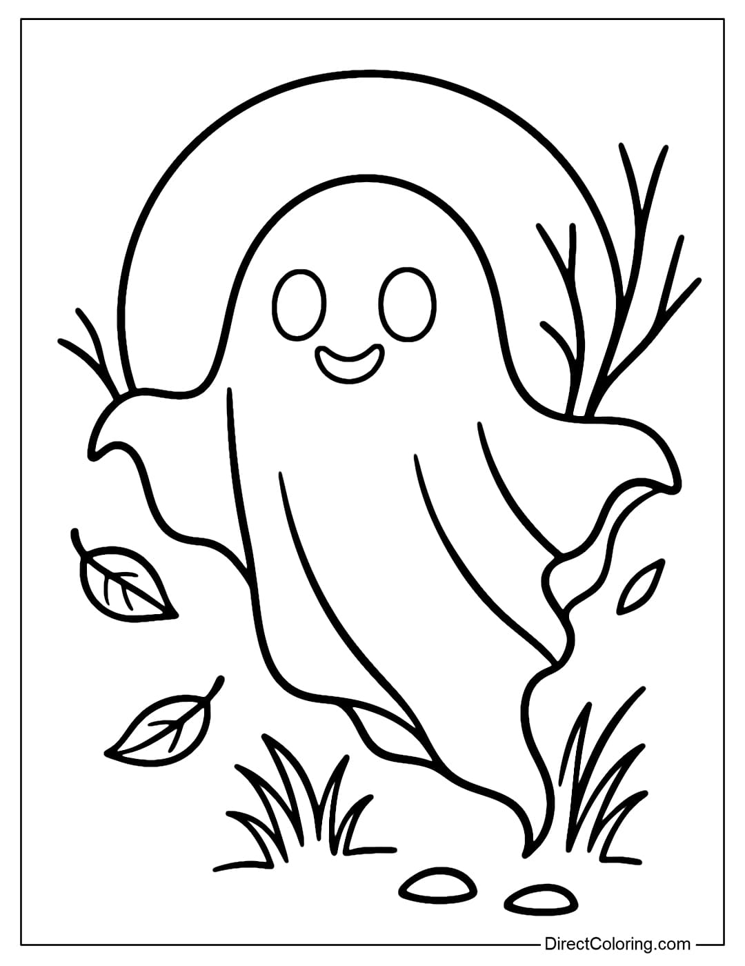 A ghost coloring page floating in front of a full moon, its white cloth body fluttering in the wind.
