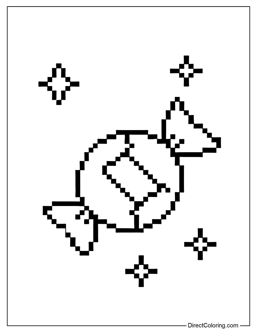 Coloring page for pixelated twisted candy - oval candy body, two twisted ends into pixel folds, simple diagonal stripe pattern in the middle.