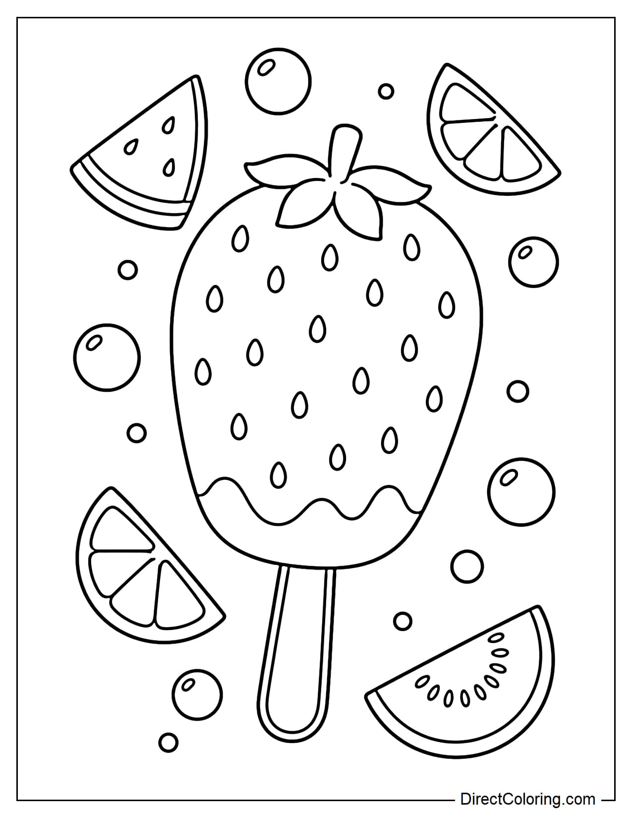 A large strawberry-shaped popsicle with simple strawberry seeds and a small leaf on top, surrounded by fruit slices and bubbles.