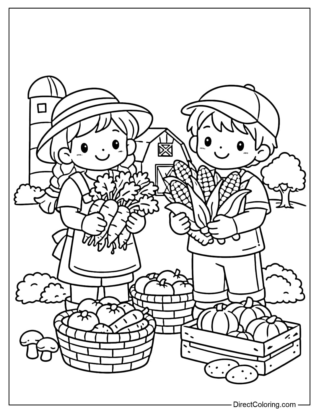 Coloring page of a girl and boy harvesting crops, with a simple shed in the background.