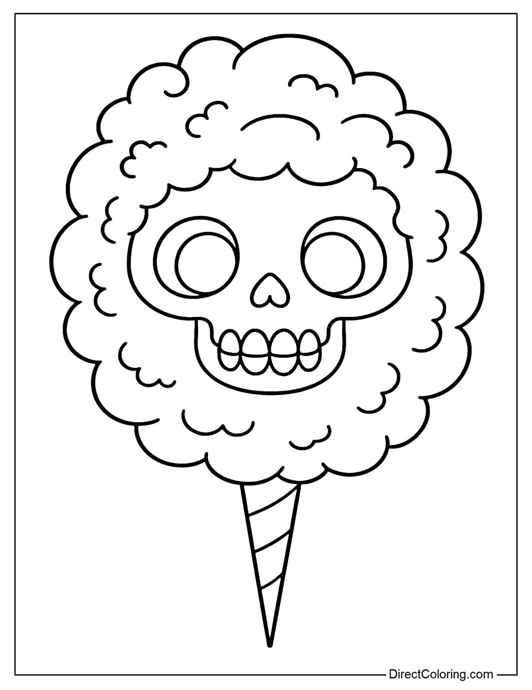 A skull coloring page transformed into a cotton candy, filled with sweetness.
