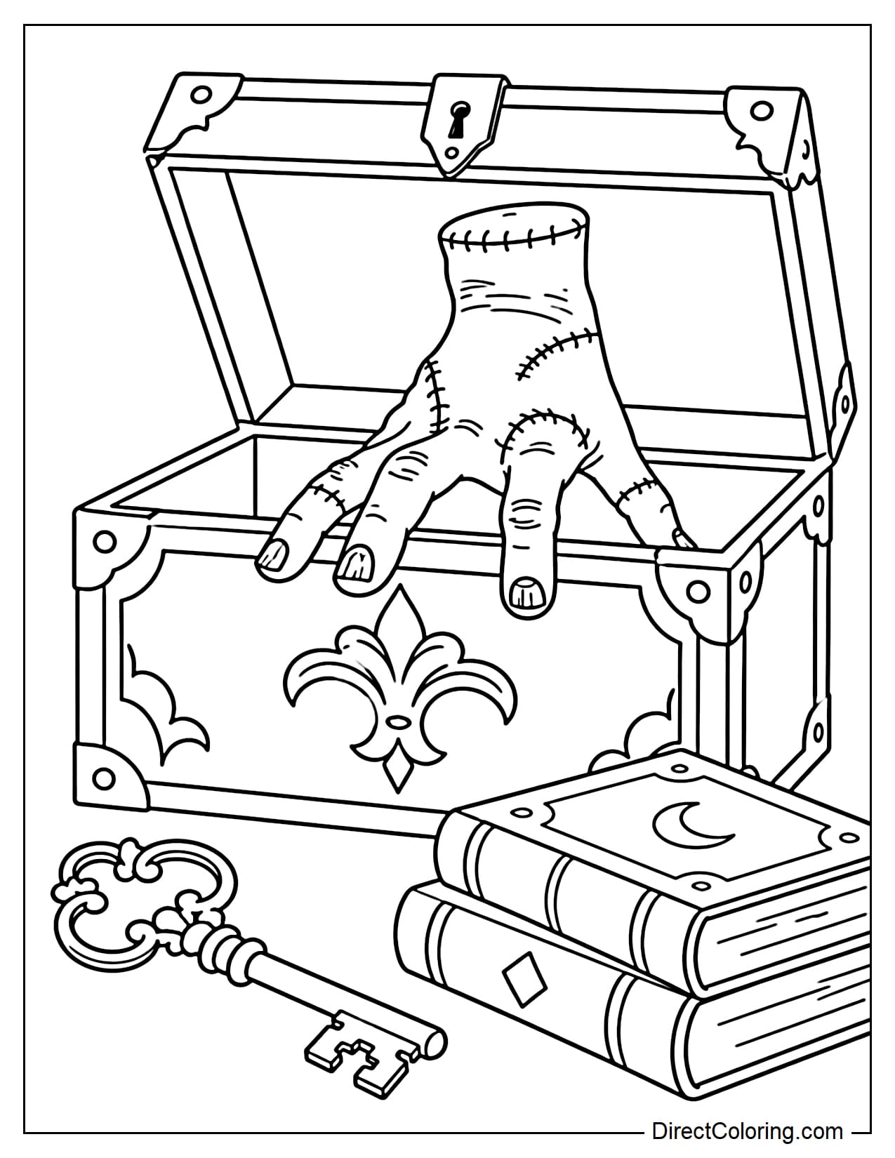 A large gothic box stands open as Thing crawls out from inside, placing its fingers over the edge of the box. A large antique key and two books sit beside it.