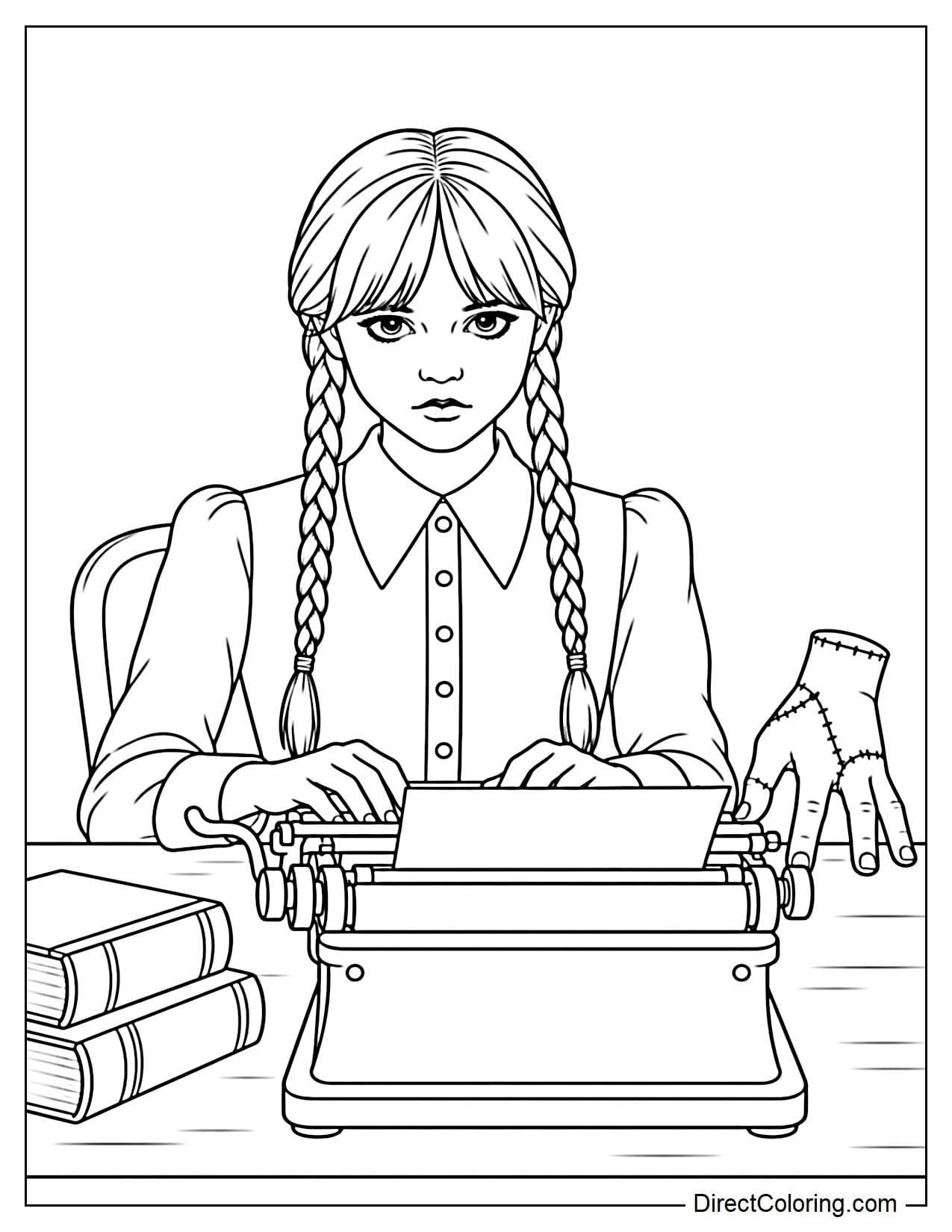 Wednesday sits in front of a large vintage typewriter with both hands on the keys and a sheet of paper sticking out from the top. Thing stands beside her, with two large books resting on the desk.