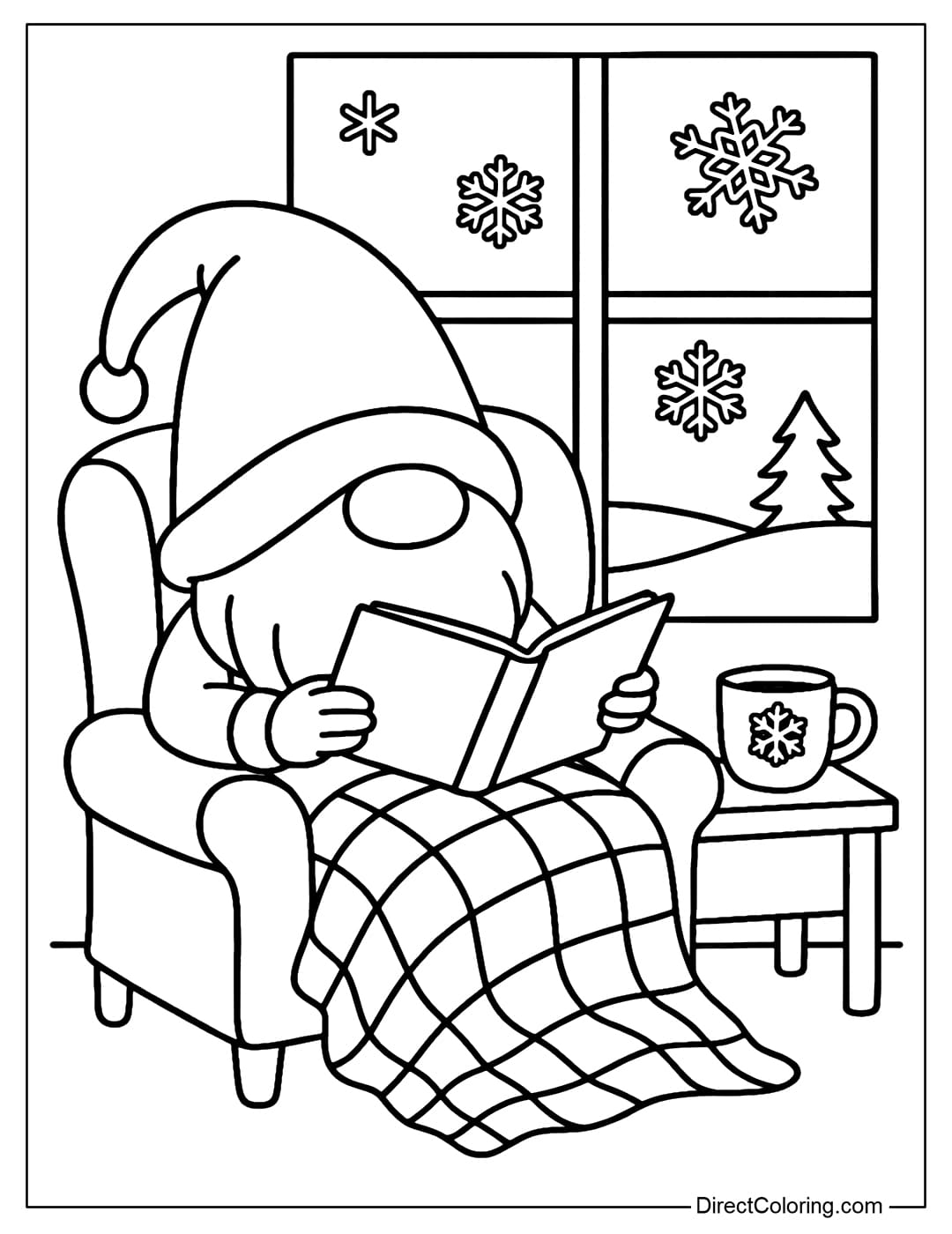 A coloring page of a gnome reading a book by a winter window, with a woolen blanket draped over their lap and a cup of cocoa beside them.