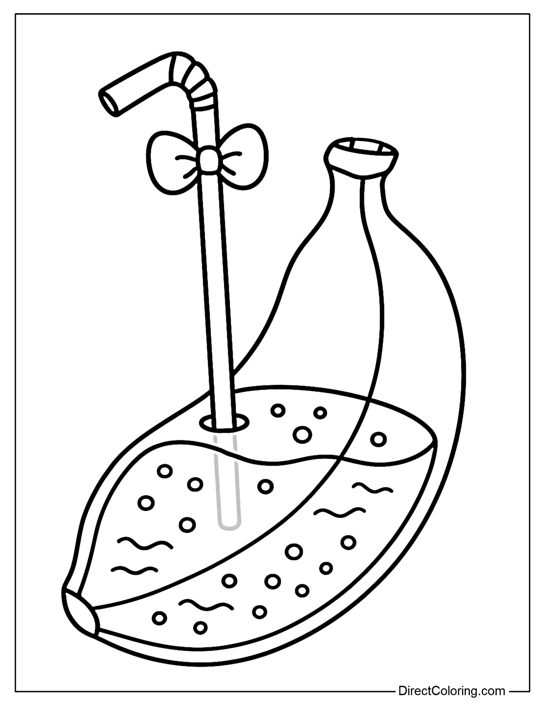 A slightly curved banana coloring page with a straw decorated with a small bow.