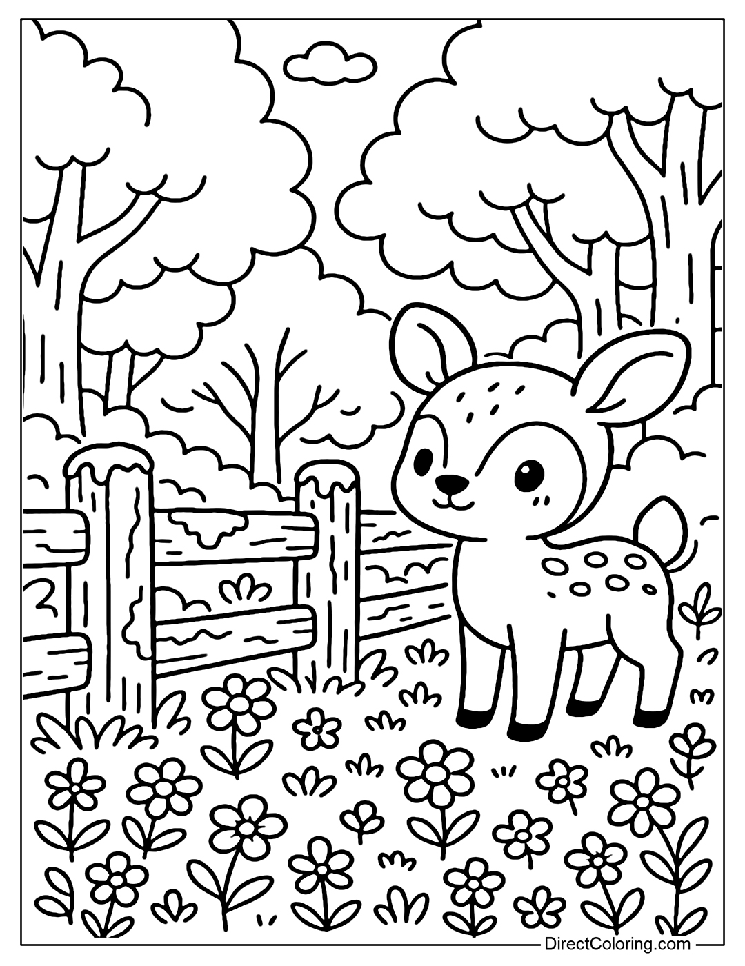 Coloring page of a moss-covered fence in a green forest, a little deer standing next to it, wild flowers blooming everywhere.