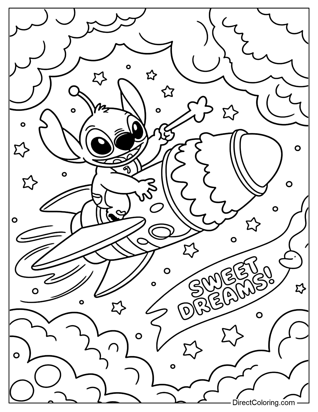 Stitch is flying an ice cream spaceship among cotton candy clouds.