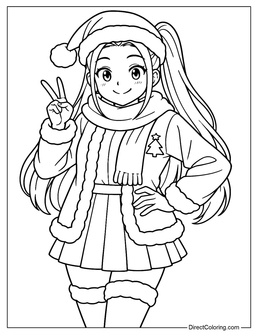 Mira coloring page wearing a Santa hat, wearing a warm scarf and a winter coat, smiling cutely and raising her hand to make a V sign.